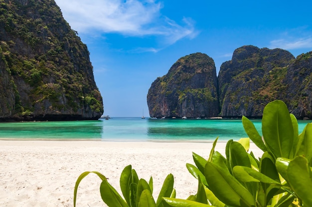 Maya Bay-Strand mit einer wunderschönen Sandbucht und klarem türkisfarbenem Wasser