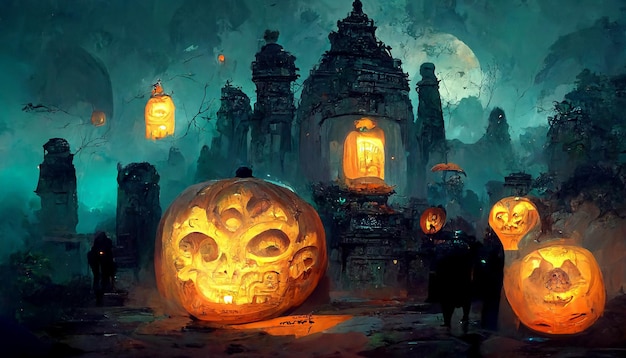 Maya-Stil Halloween Thema Kürbisse Geister in der dunklen Nacht 3D-Illustration