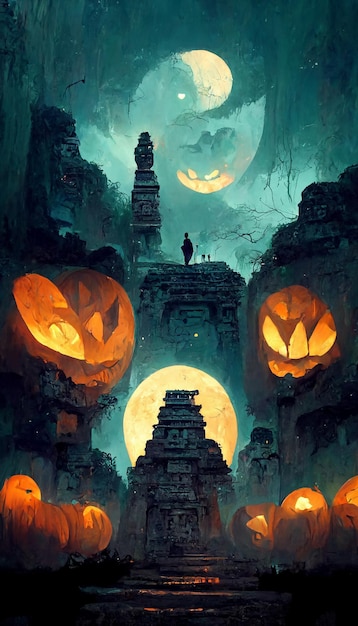 Maya-Stil Halloween Thema Kürbisse Geister in der dunklen Nacht 3D-Illustration