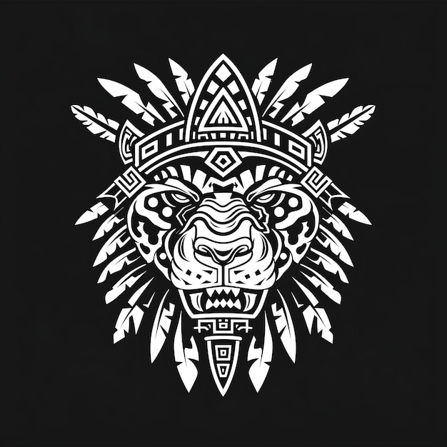 Foto mayan warrior jaguar glyph logo mit steinklingen und federn t-shirt tattoo tinte umriss cnc-design