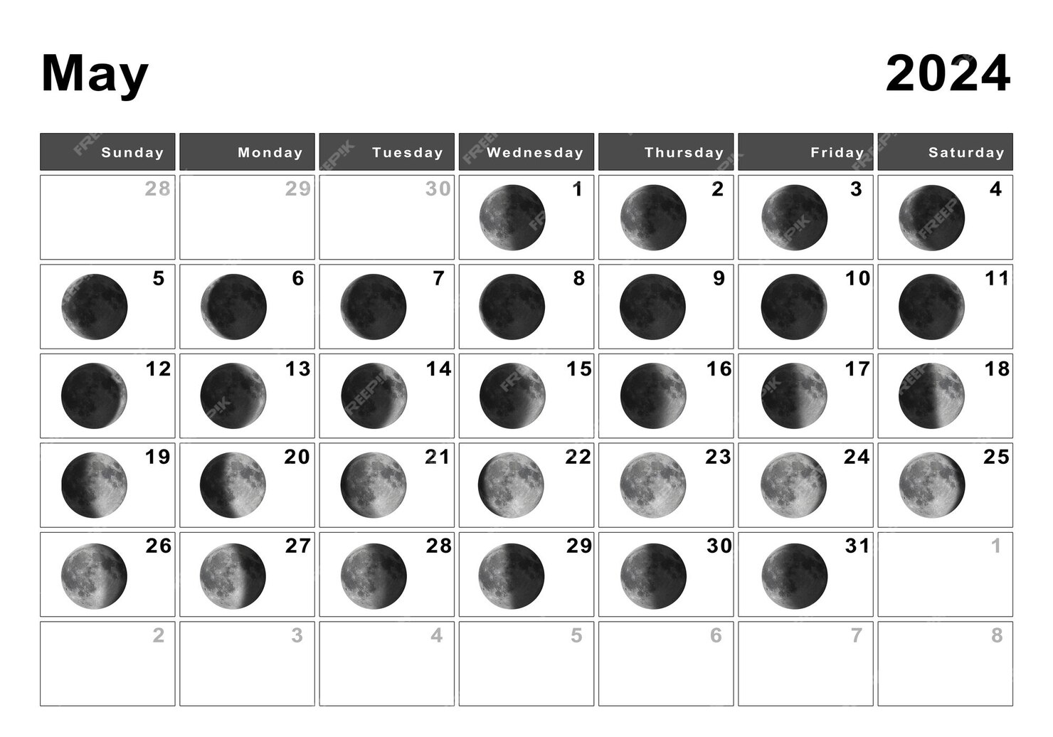Mayo 2024 calendario lunar, ciclos lunares, fases lunares Foto Premium