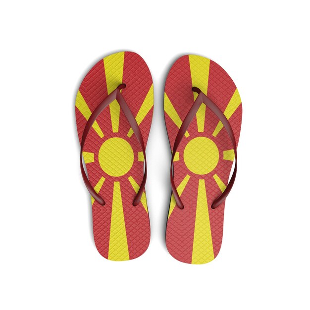 Mazedonische Flagge Flip-Flop-Sandalen auf weißem Hintergrund 3D-Rendering