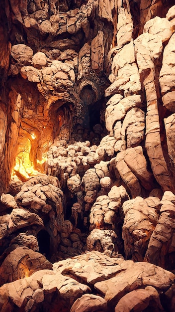 Mazmorra de cueva subterránea hecha de fuego de piedra alrededor de ilustración 3D