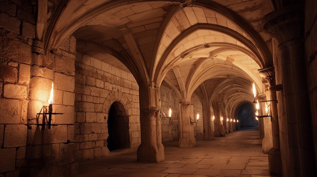 Foto la mazmorra oscura el largo corredor del castillo medieval con antorchas generativo ai