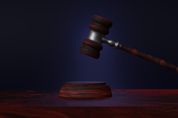 Mazo judicial de madera sobre un fondo oscuro martillo levantado para golpear el símbolo de la ley de justicia 3d render