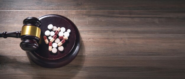 Mazo de juez con pastillas en la mesa de madera