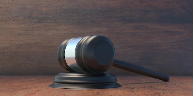 Mazo de juez sobre fondo de madera Vista de primer plano Concepto de subasta de ley Ilustración 3d