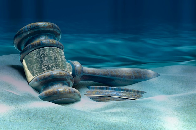 Mazo de madera en la representación 3D submarina del fondo del océano