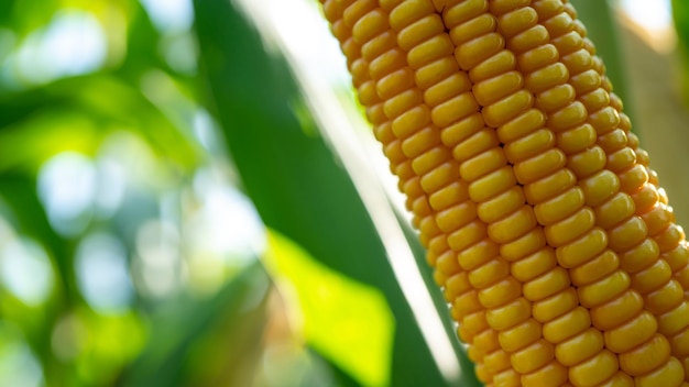 Mazorca de maíz en campo de maíz orgánico Planta de agricultura de jardín de maíz