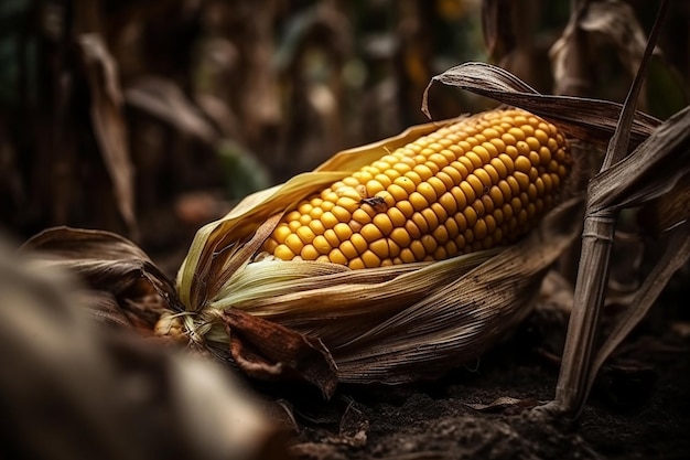 Una mazorca de maíz está en un campo.