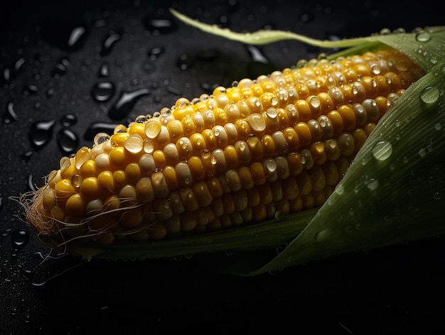 Una mazorca de maíz con gotas de agua