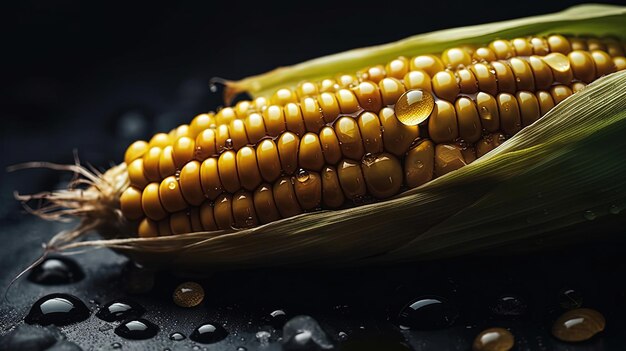 Una mazorca de maíz con gotas de agua