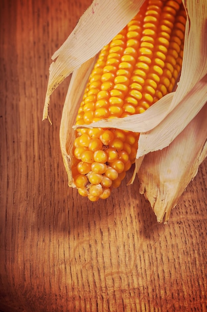 Mazorca de maíz en la vieja tabla de madera estilo Instagram