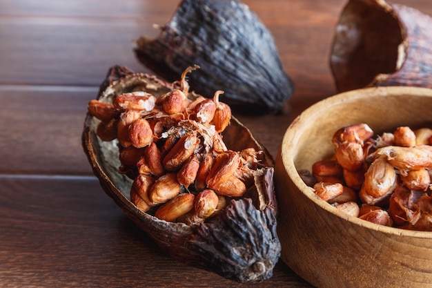 Las mazorcas de cacao secas y los granos de cacao secos