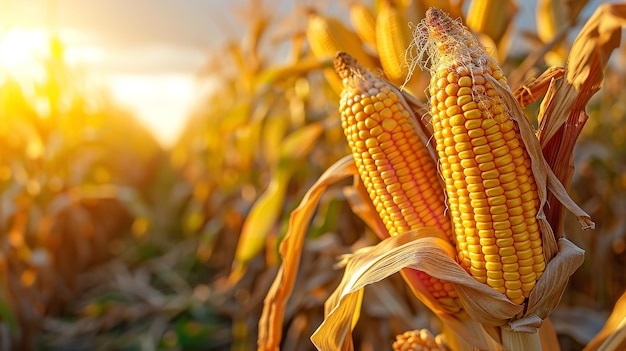 Mazorcas de maíz en el campo agrícola con un gran espacio de copia durante la puesta de sol IA generativa