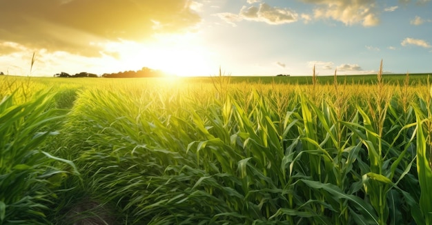 Las mazorcas de maíz en el campo de la plantación de maíz creadas con tecnología de IA generativa