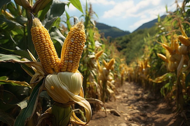 Mazorcas de maíz en campo de plantación de maíz