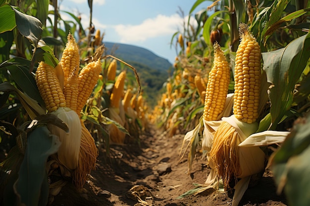 Mazorcas de maíz en campo de plantación de maíz