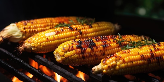 Foto las mazorcas de maíz cocidas con hierbas y especias en una parrilla de barbacoa atraen a los amantes de las verduras a la parrilla