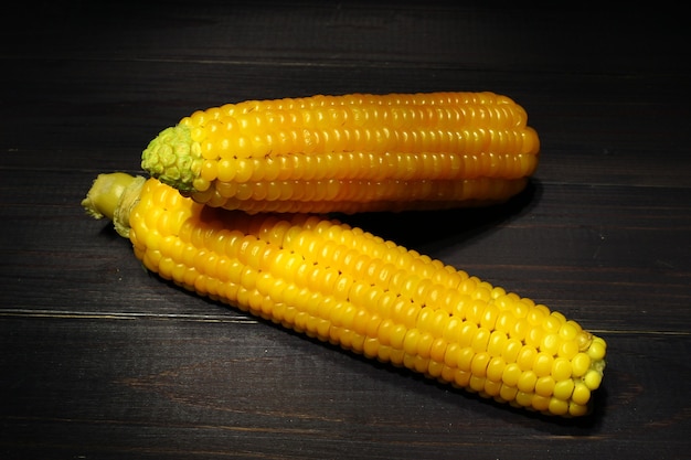 Mazorcas de maíz hervido amarillo sobre un fondo oscuro.