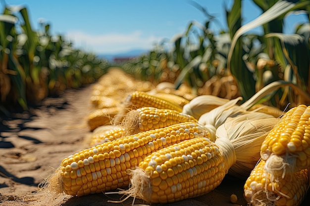 Las mazorcas de maíz maduras en el fondo del campo de maíz concepto de venta de maíz IA generativa