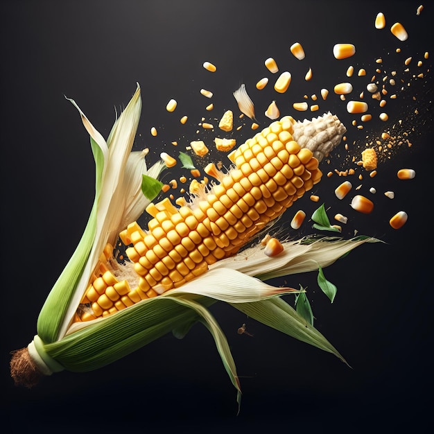 mazorcas de maíz rotas con granos voladores y hojas en verde