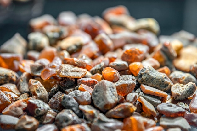 Âmbar bruto das margens do Mar Báltico Pedaços de âmbar bruto estão em vidro preto Matéria-prima para a produção de joias