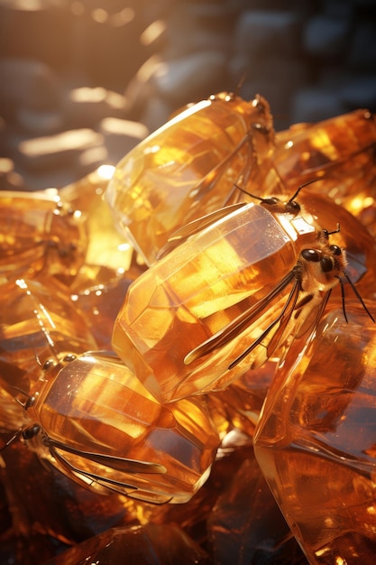 Ámbar dorado con insectos congelados piezas delicadas y translúcidas que capturan la luz del sol y la sombra