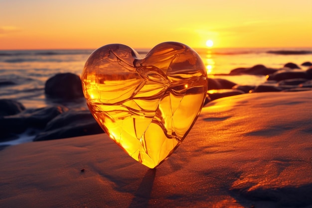 Ámbar en forma de corazón en la arena de la playa al atardecer