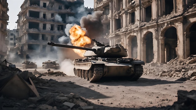 MBT-Angriff Abrams Armee Schlacht Krieg Panzer Fahrer Ausrüstung gepanzerte Kriegsführung Angriff zerstörte Gebäude