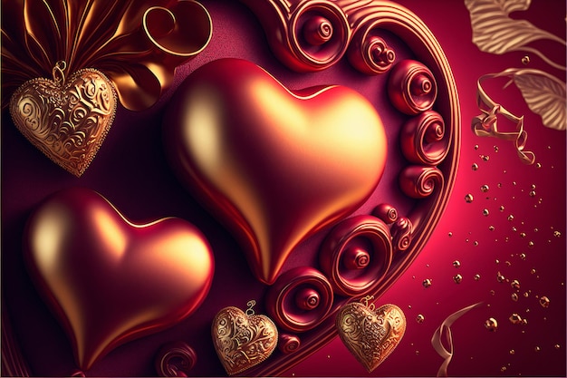 Me encanta el fondo rosa romántico con corazones rojos radiantes