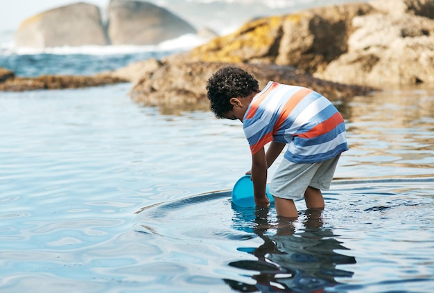 Me pregunto qué atraparé hoy Foto de un niño jugando en el agua en la playa usando un balde para atrapar cosas