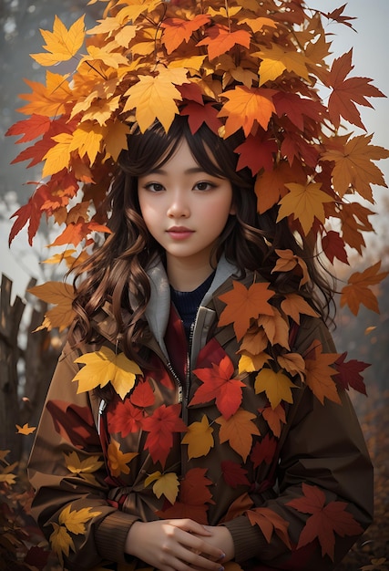 Meados do outono com uma garota chinesa Laranja brilhante e folhas vermelhas no cabelo