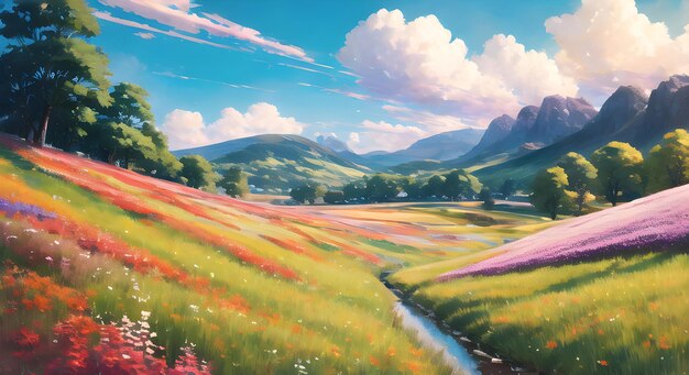 Meadow Field con flores silvestres, cielo azul y luz solar en verano, naturaleza, paisaje, papel tapiz, AI Generado para libros infantiles, historias, cuentos de hadas.