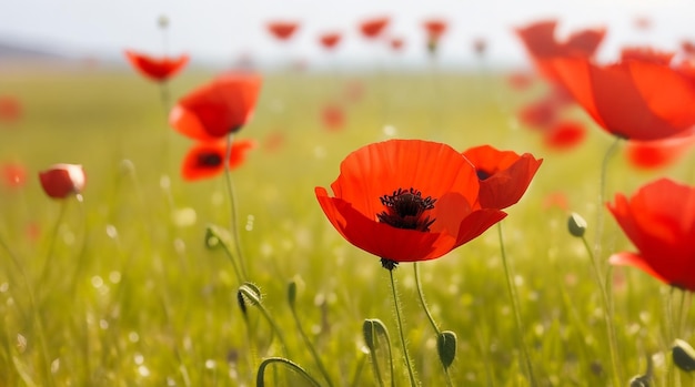 Meadow's Elegance Red Poppies in the Meadow en un día soleado Soft Focus Bliss