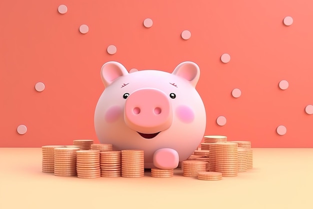 Mealheiro rosa com as mesmas moedas estilo de renderização 3D gerado por IA