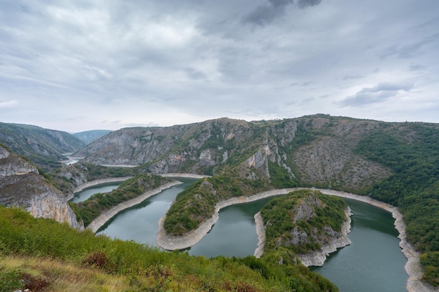 Meandros no desfiladeiro rochoso do rio uvac no dia ensolarado sudoeste da sérvia