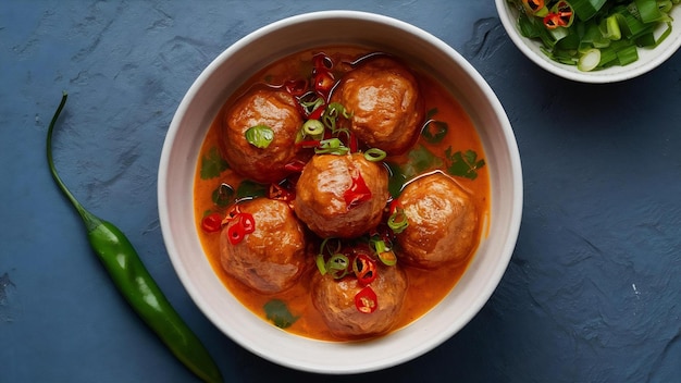 Meatballs de curry vermelho com chili e cebola em uma tigela