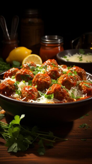 Meatballs deliciosamente macios banhados em um molho de tomate picante apresentado em uma tigela Vertical Mobile Wal