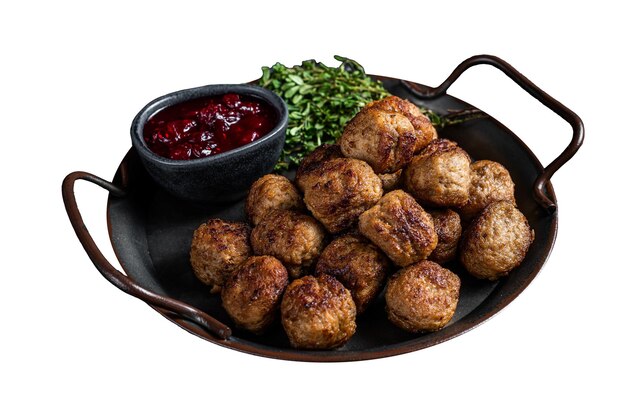 Meatballs suecos caseiros com geleia de lingonberries Isolados em fundo branco Vista superior