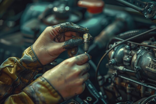 Mecánica automotriz mujer desenroscando una nuez para reemplazar una bujía de encendido de automóvil