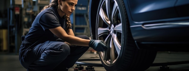 Mecânica de automóveis feminina trabalhando em garagem e trocando pneus de liga de rodas Serviço de reparação ou manutenção de automóveis