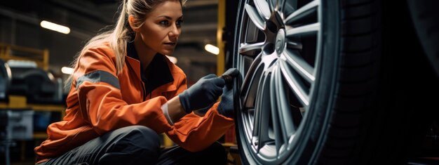 Foto mecânica de automóveis feminina trabalhando em garagem e trocando pneus de liga de rodas serviço de reparação ou manutenção de automóveis