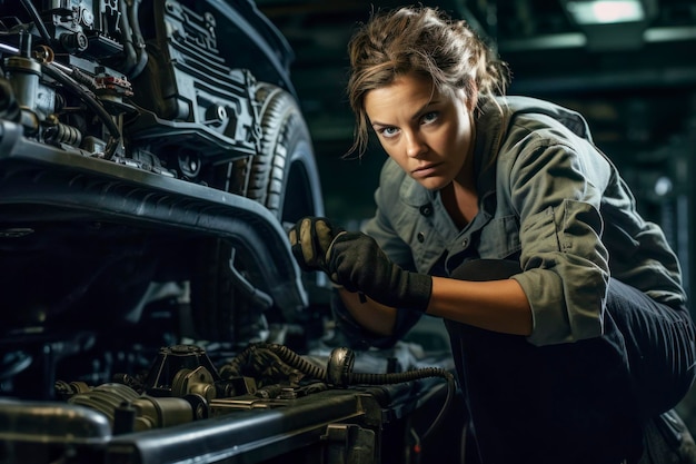 Una mecánica debajo de un coche realizando reparaciones intrincadas