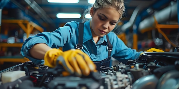 Mecánica femenina en mono azul Reparación de motores de automóviles en garaje Concepto Mecánica femenina de mono azul Reparación de automóviles Garage Reparar motores