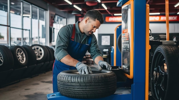 Foto mecânico a trabalhar e a reparar ou a verificar pneus com máquina de rodas numa loja de pneus