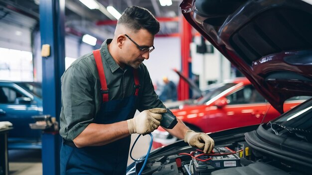 Mecánico adulto medio usando una herramienta de diagnóstico mientras comprueba el voltaje de una batería de automóvil en un taller de reparación de automóviles