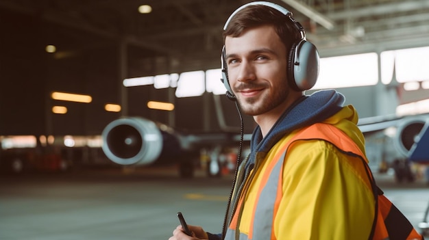 Mecánico de aeródromo alegre de IA generativa con orejeras