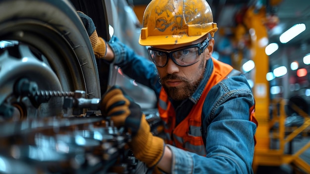 Foto mecánico de automóviles atornillado o desenroscado de la rueda de automóviles levantados por llave neumática en repai