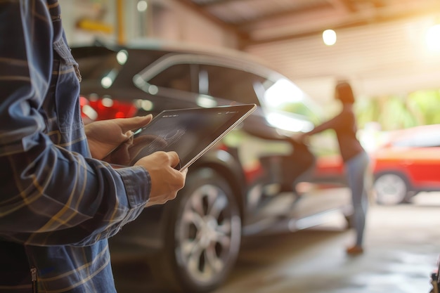 Foto mecánico de automóviles y cliente en el garaje